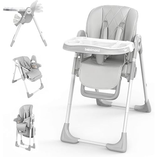 4 in 1 High Chairs for Babies and Toddlers, Convertible Foldable Baby High Chairs, Feeding and Eating Seat Highchair with 4 Levels of Recline and 7 Levels of Height Adjustment, Gray