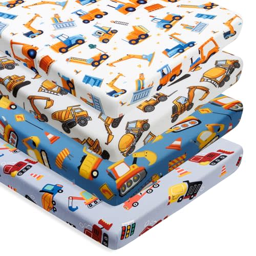 4 Pack Baby Boy Pack N Play Mini Crib Sheets Soft Fitted Baby Boy Mattress Covers Construction Truck Theme Breathable Toddler Sheets for Infant (Construction Truck, Pack N Play Mini Crib Sheets)