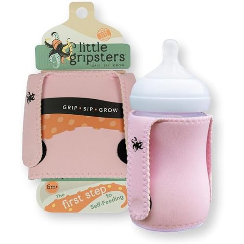 Little Gripsters Baby Bottle Sleeve for Self-Feeding - Neoprene Baby Bottle Cover for Infants & Toddlers - BPA-Free, Adjustable Velcro Fit - for Ages 5 to 18 Months - Machine Washable (Baby Pink)