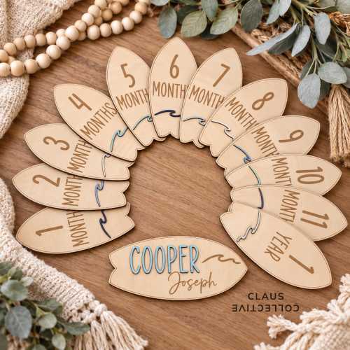 Personalized Surfboard Baby Milestone Markers | Wooden Monthly Milestone Set | Beach Baby Photo Props | Coastal Baby Shower Gift