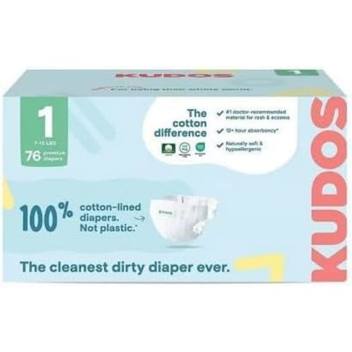 Kudos Chlorine Free Premium Diapers, Cotton-Lined, Size 1, 76 Count, 7-12 lbs (1 Pack)