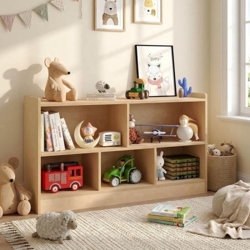 COZONY Wooden 5-Section 2-Tier Kids Bookshelf, Open Toy Storage Organizer for Playroom Nursery Classroom, Beige