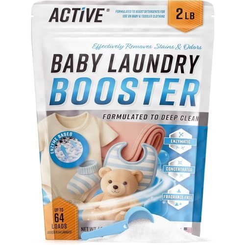 Baby Laundry Detergent Booster - ACTIVE Enzyme Stain & Odor Remover for Infant, Newborn, Toddler & Kids Clothes, Fragrance Free Sensitive Laundry Soap, 2-lbs Unscented Powder Made in USA - 64 Loads