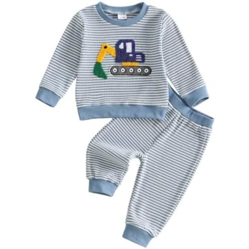 Bagilaanoe Fall Baby Boy Outfit Excavator Long Sleeve Sweatshirt Pullover Top Pants Toddler Waffle Knit Clothes