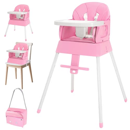 4 in 1 Portable Baby Highchair Convertible High Chair for 6-36 Months Babies and Toddlers, Foldable Carry Small Box, High Chair, Infant Booster Seat, Dining Chair, Easy to Carry and Store (Pink)