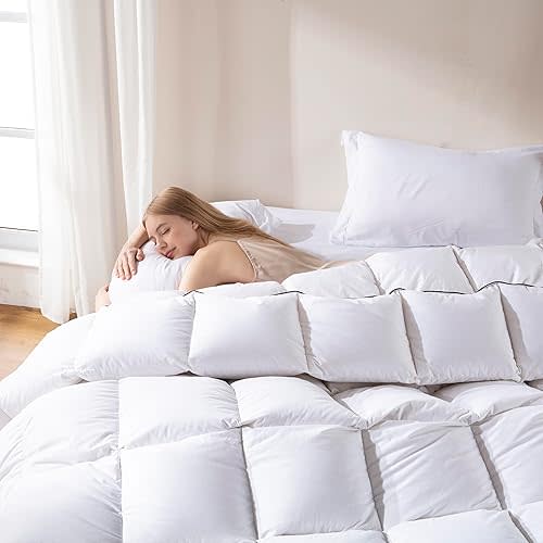 DOWNCOOL Feather Comforter Twin, White Fluffy Duvet Insert with Ultra Soft 100% Cotton Cover, All Season Luxurious Hotel Bed Comforter Twin with Corner Tabs, 68"x90"