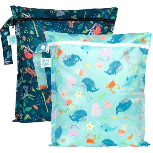 Bumkins - Waterproof Wet Bag - For Baby, Travel, Swim Suit, Cloth Diapers, Pump Parts, Pool, Gym, Toiletry, Strap to Stroller - Reusable & Easy to Clean - 2pk - Ocean & Jungle