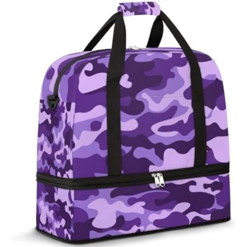 Travel Duffle Bags With Shoes Compartment for Women Men Purple Camouflage Camo Lightweigh Sports Tote Gym Bag Foldable Canvas Weekender Overnight Carry On Luggage Handle Bag