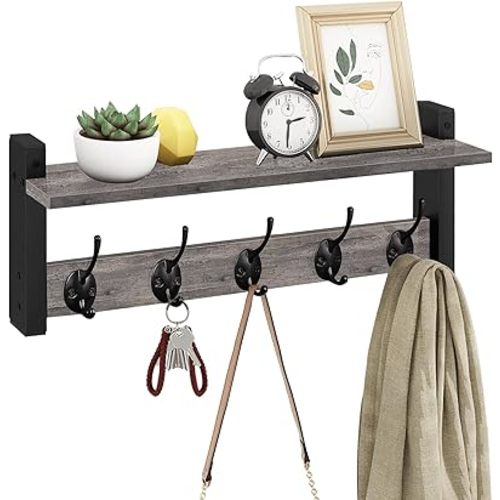 Homode Wall Hooks with Shelf, Coat Rack Wall Mount, Entryway Shelf with Hooks for Clothes, Backpack, Key, Purse - Rustic Grey