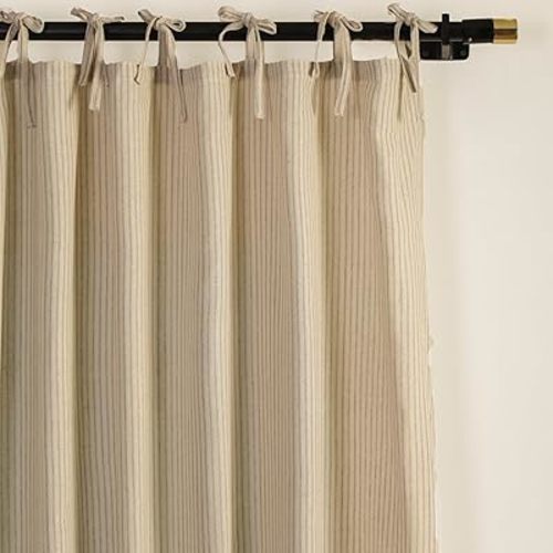 THE ART BOX Natural Linen Gauze Tie Top Sheer Semi Blackout Striped Curtains for Bedroom Filtering Hanging Substitute Windows Home Décor Curtain, Grey on Beige, 2 Panel Sets, (63"x42" inch Each)