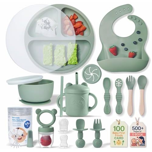 Remonda 23-Piece BPA-Free Silicone Baby Feeding Set | Extra Large Suction Plates, Toddler Bowls, Self Feeding Spoons, and More | Dishwasher Safe| Baby Led Weaning Supplies (Green) A2