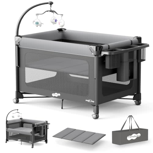 Pamo Babe 5 in 1 Pack and Play - One-Step Setup Bedside Crib, Portable Playard with Mattress, Toy Bar & Storage Bag - Grey