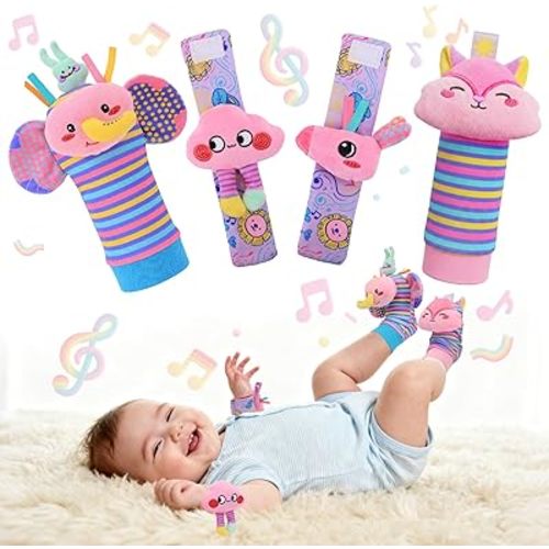 Baby Toys 0-6 Months, Rattle Socks and Wrist Sensory Toys for Infants, Socks and Foot Finder Set with Sound for Babies 6-12 Months, 0-12 Months Newborn Essentials Toy, Baby Girl Shower Gifts - Pink