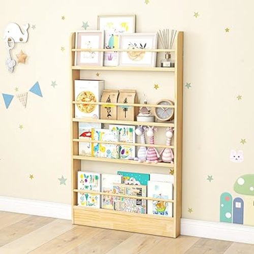 Behind The Door Bookshelf, 4 Tier Space Saving Kids Bookcase Wood Behind Door Bookshelf Wooden Kids Wall Bookcase for Bedroom Living Room