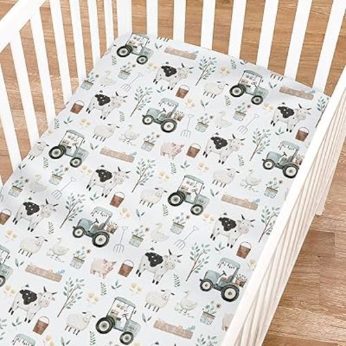 Boho Farm Animals Life Fitted Baby Crib Sheets Boy Girl 52"x28" Cow Pig Lamb Duck Truck Leaves Soft Crib Mattress Covers Spring Farm Planting Baby Sheet for Standard Crib & Toddler Bed Mattress
