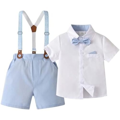 Baby Boys Gentleman Outfits Suits, Infant Shirt+Shorts+Bow Tie+Suspenders