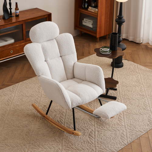 JXXRZ Nursery Rocking Chair with Headrest and Footrest, Oversized Teddy Plush & Modern Upholstered High Back, White