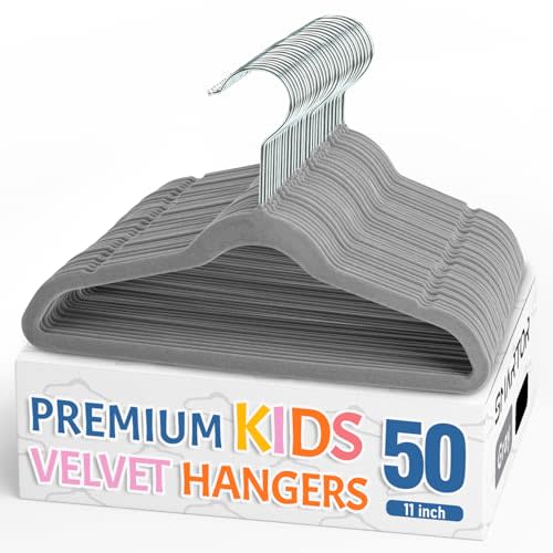 Smartor Premium 11 Inch Baby Hangers 50 Pack, Grey Kids Velvet Hanger, Non Slip, Space Saving Felt Hangers Clothes Organizers for Closet with 360° Swivel Hook for Children, Infant & Toddler