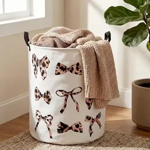 Coquette Laundry Basket 13.8 x 17.7 Inches Leopard Print Laundry Basket Cheetah Bow Nursery Hamper Cheetah Print Decor Oxford Cloth Collapsible Storage for Bedroom Bathroom Dorm Office Decor