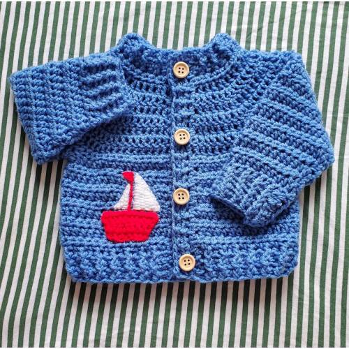Hand Crocheted Embroidered Sailing Boat  Baby/Toddler Cardigan (available in many colours)
