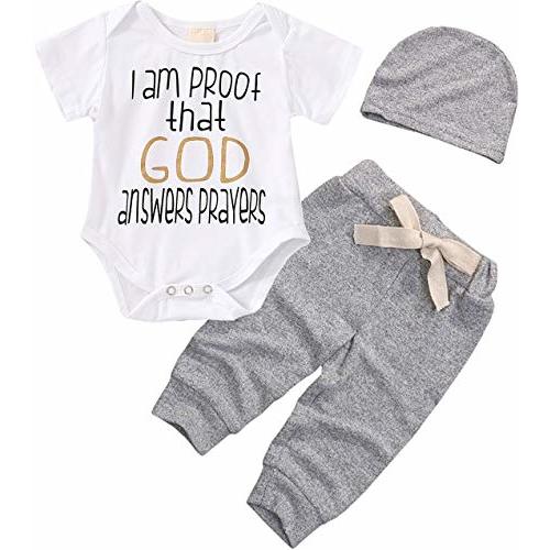 Happy Town 3Pcs Baby Boy Clothes Newborn Infant Bodysuit Summer Cotton Short Sleeve Romper +Pants+Hat Outfits Set (White#8, 0-3 Months)