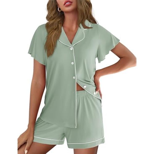 Ekouaer Pajamas for Women Set Button Up Pjs Short Sleeve Ruffle Sleepwear Notch Collar Bride Soft Pj Lounge Sets S-XXL
