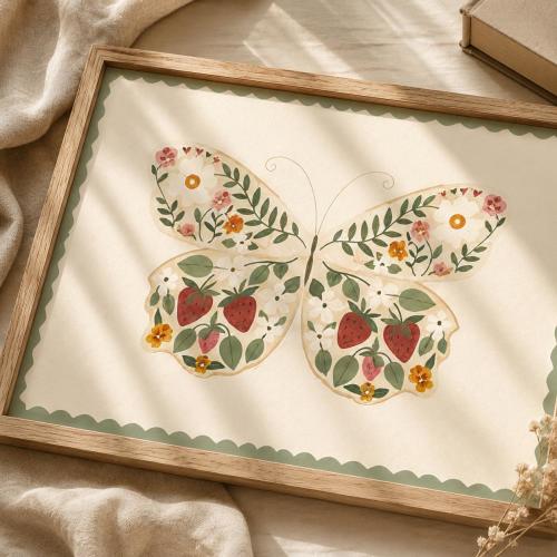 Floral Cottage Butterflies Wall Art, Little Girls Room, Girls Gingham Posters, Girls Nursery, Cottagecore Wall Art, Floral Nursery Art