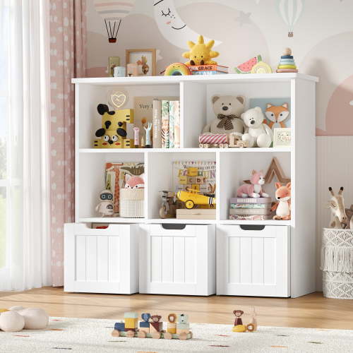 "Homfa Toy Storage Organizer, 5-Cube Kids Bookshelf with 3 Movable Drawers, White Finish, 35.4"" H x 39.4"" W"