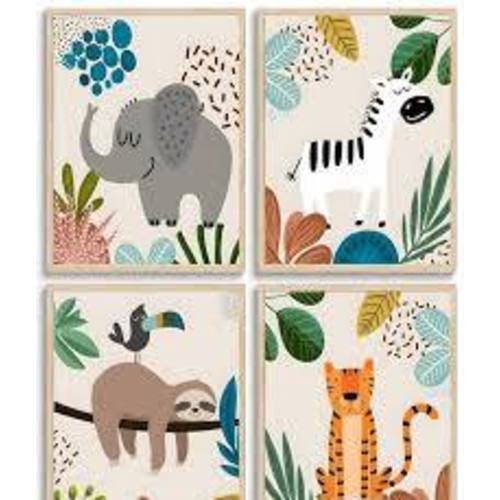 FJKLRP 4pcs Safari Nursery Wall Art Zebra elephant tiger monkey Pictures Poster Cute Animal Canvas Paintings Prints Decor for Kid Room Baby Room Wall Decor Unframed - Google Search