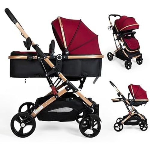2 in 1 Convertible Baby Stroller Newborn Foldable Pushchair with Adjustable Canopy Folding High Landscape Infant Carriage, Anti-Shock Toddler Pushchair