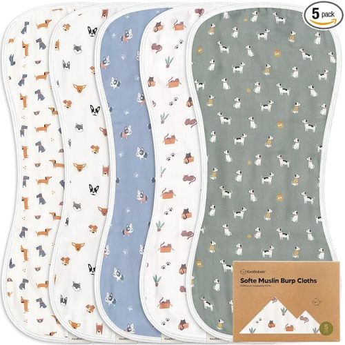 5-Pack Muslin Burp Cloths Baby Boy, Girl - Very Absorbent Baby Burp Cloth Rags, 8-Layers Viscose Derived from Bamboo Cotton Muslin Towel, Super Soft Spit Up Rags, No Shrink Washcloths (Pets & Paws)