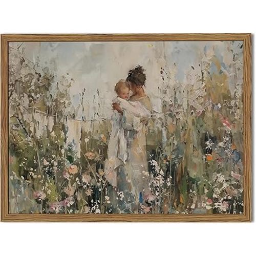 Motherhood Cottagecore Wall Art, Vintage Mothers Day Wall Decor Painting Mother Holding Baby Among Flowers Impressionist Canvas Prints for Bedroom Living Room Farmhouse 16x12 inch Wood Framed