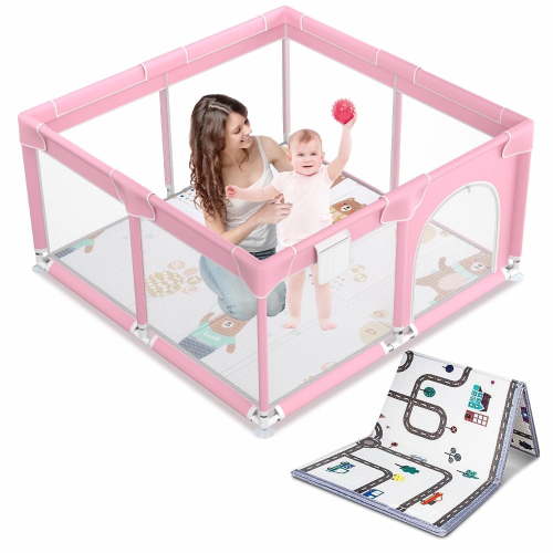 kmaier Baby Playpen, Large Indoor and Outdoor Play Yards, 360° Visibility , for Toddler-Pink