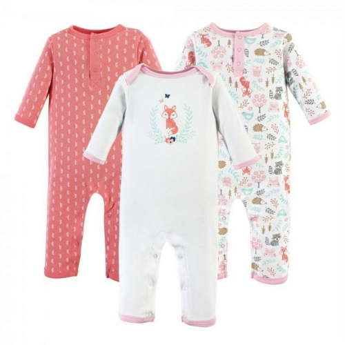 Hudson Baby Infant Girl Cotton Coveralls 3pk, Woodland Fox, 12-18 Months