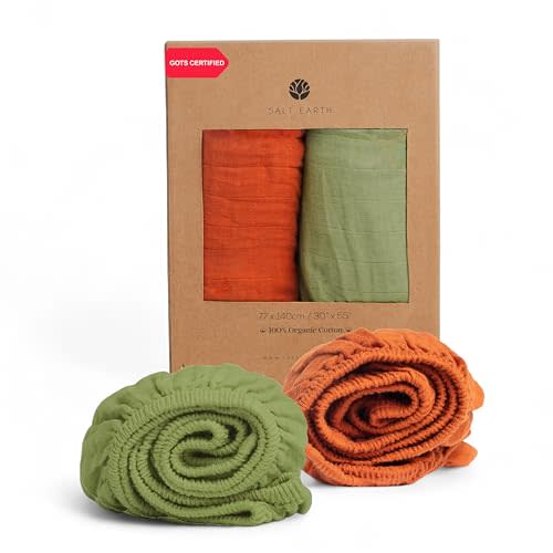 Salt Earth 100% Organic Cotton Muslin Standard Fitted Crib Sheet, 52"x28", 2 Pack Soft Breathable Natural Cotton Sheets Baby Mattress Bed Sheets, No Slip Baby Christmas Crib Sheets (Green & Rust)