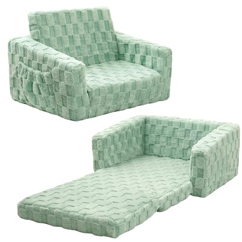 MallSingel Toddler Couch for Kids – 2-in-1 Fold Out Sofa and Lounger, Soft Flannel Convertible Chair, Flip Open Kids Couch (Green)
