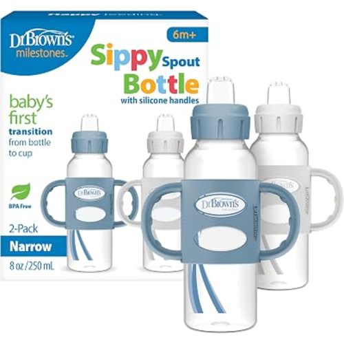 Dr. Brown's Narrow Sippy Spout Bottle with Handles, Blue & Gray, 2-Pack