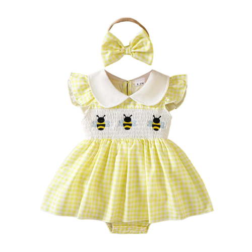 Tisuna Kids Ruffled Sleeve Romper Dress Baby Cartoon Bee Print Crew Neck Bodysuit With Headband Soft Stylish Infant Girls Festival Party Jumpsuit Size 0-3 Months Yellow