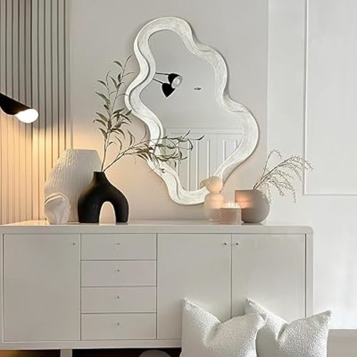 Glitzhome 31.5" x 19.75" Asymmetrical Mirror - Irregular Wall Mirror with Wood Frame, Wall Decor for Bedroom, Livingroom, Entryway, Washed White