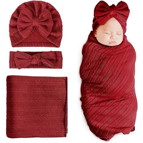 DRESHOW BQUBO Newborn Receiving Blanket Toddler Warm for Girls with Matching Bow Hat and Bow Headband Shower Gift