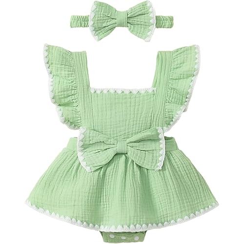 Baby Girl Summer Clothes Ruffle Sleeve Cotton Linen Romper Dress Infant Girls Lace Trim Bodysuit with Headband