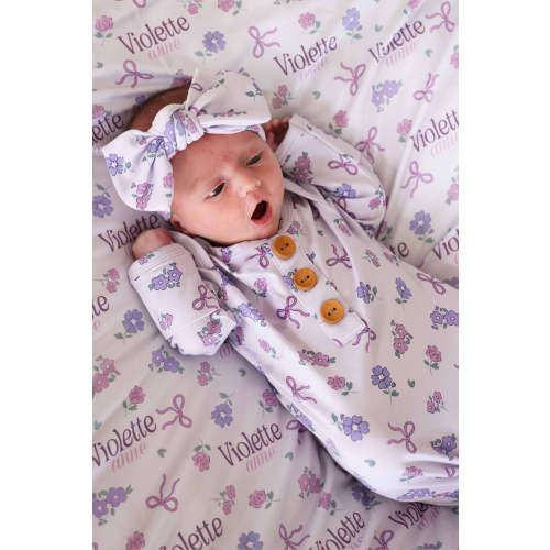 Ribbon & Roses Newborn Baby Knot Gown & Hat Set | Purple