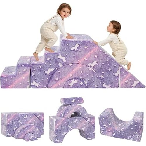 MeMoreCool Kids Climbing Couch with Slide, Foam Sofa, Purple Unicorn
