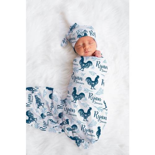 Boy Rooster Swaddle Set, Farm Baby Blanket, Personalized Farm Baby Blanket, Farm Nursery Theme, Newborn Blanket, Blue Rooster Swaddle C24