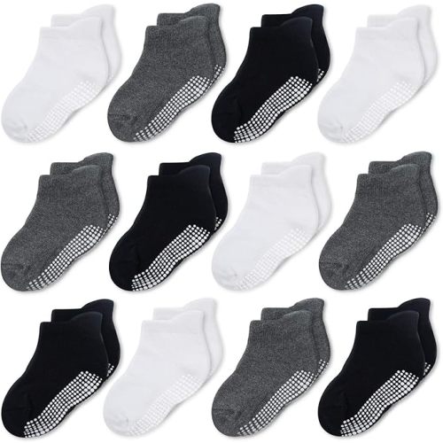 CozyWay Baby & Toddler Socks with Grippers Non Slip Ankle Grip Socks For Boys and Girls - Comfy Soft Cotton - 12 Pack