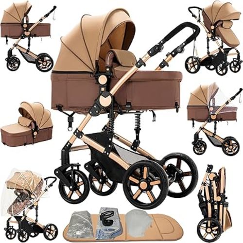 2 in 1 Baby Stroller, Convertible Pram, Reversible Standard Baby Stroller, Portable Baby Buggy, Infant Carriage, Foldable High Landscape Pushchair for Toddler Newborn (2US588-KHAKI)