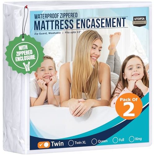 Utopia Bedding Waterproof Mattress Protector Twin Size (Pack of 2), Zippered Mattress Encasement Bed Bug and Dust Mite Proof, Absorbent Six-Sided Mattress Cover