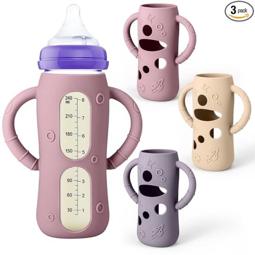 Mity rain 3 Pack Silicone Sleeves for Lansinoh Glass Bottles 8 OZ - Anti Breakage Baby Bottle Holder, Compatible with Lansinoh Glass Bottles for Babies with Handle