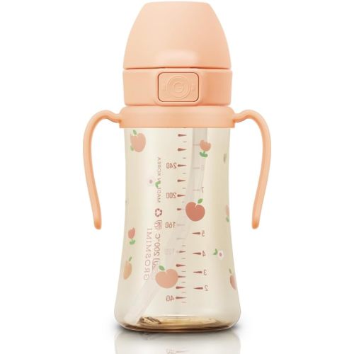 GROSMIMI Baby Straw Cup, Spill-Proof PPSU Sippy Cup with Flip-Top, Rotating Handles for Babies & Toddlers 12+ Months, Bite-Resistant Silicone Straw, BPA-Free, Stage 2, 10oz (Peach Flower)