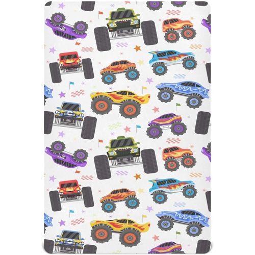 Crib Sheets for Boys Cartoon Monster Trucks Toddler Baby Girl Sheets for Crib,Neutral Mini Crib Nursery Mattress Sheets Fitted,Crib Mattress Soft & Breathable 52 * 28 * 9In